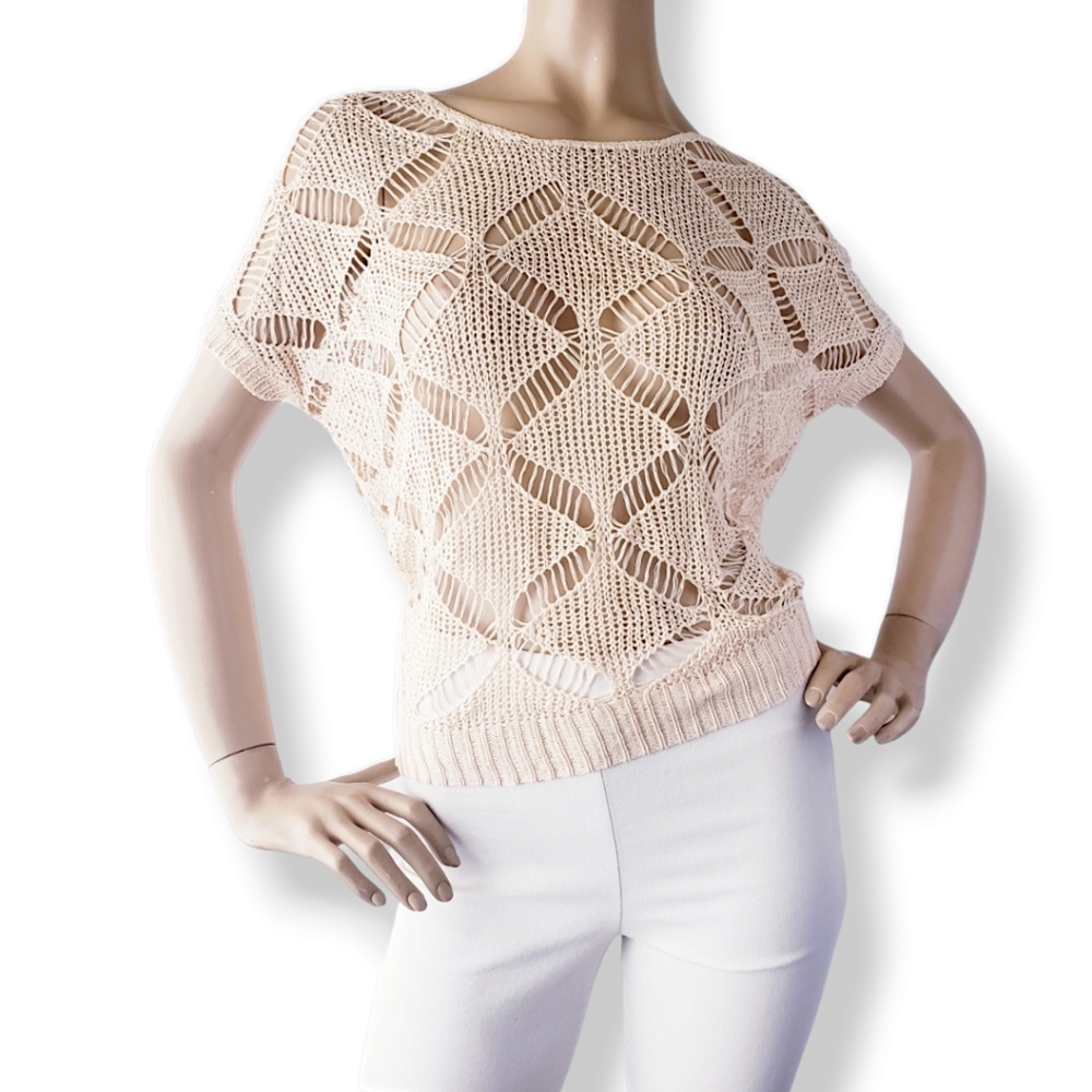 Miss Kelly Cream Geometric Crotchet Open-Weave Sheer Top